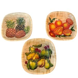 Vintage Set of 3 Bamboo Woven Handpainted Fruit Pear Orange Bowls 6" Square